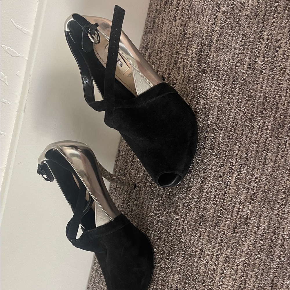Guess Black and Silver Peep-Toe Heels